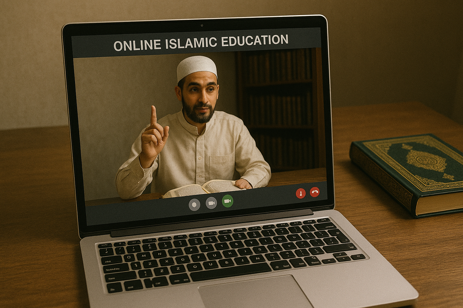 Laptop displaying online Islamic education class